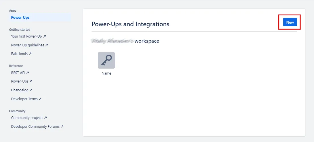 Image of the Power-Ups and Integrations screen with the New button highlighted