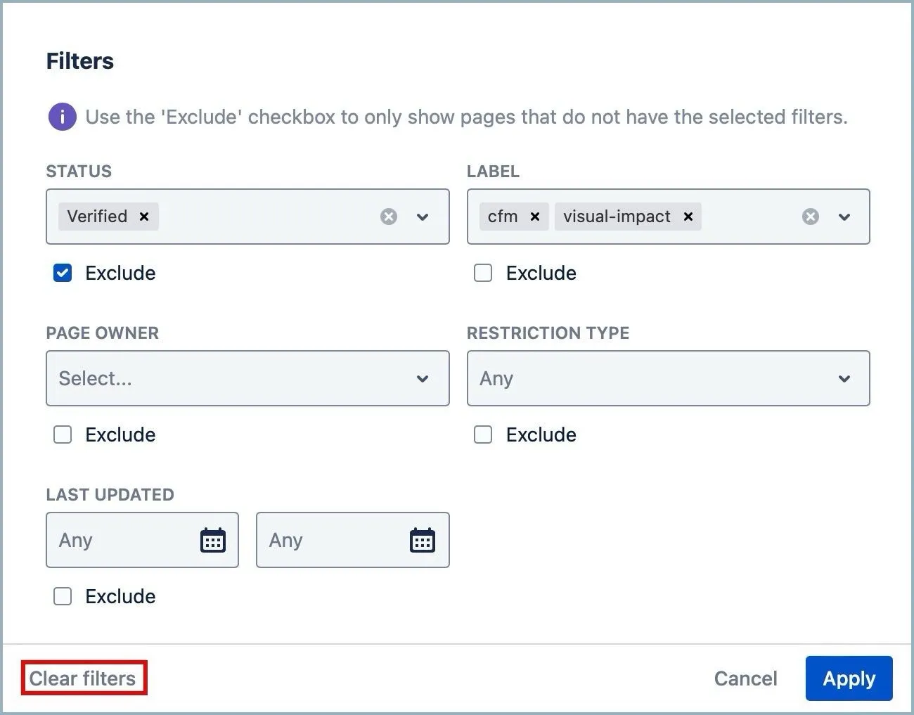 Feature page with filters applied and the Clear filters button highlighted