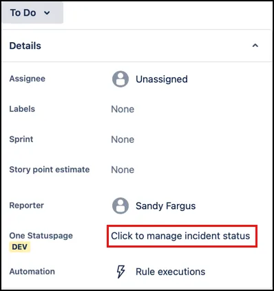 Jira issue view highlighting the “Click to manage incident status” link in the Details section