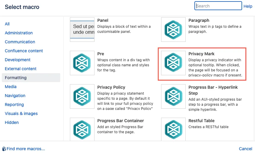 Macro Browser showing the Privacy Mark macro selected