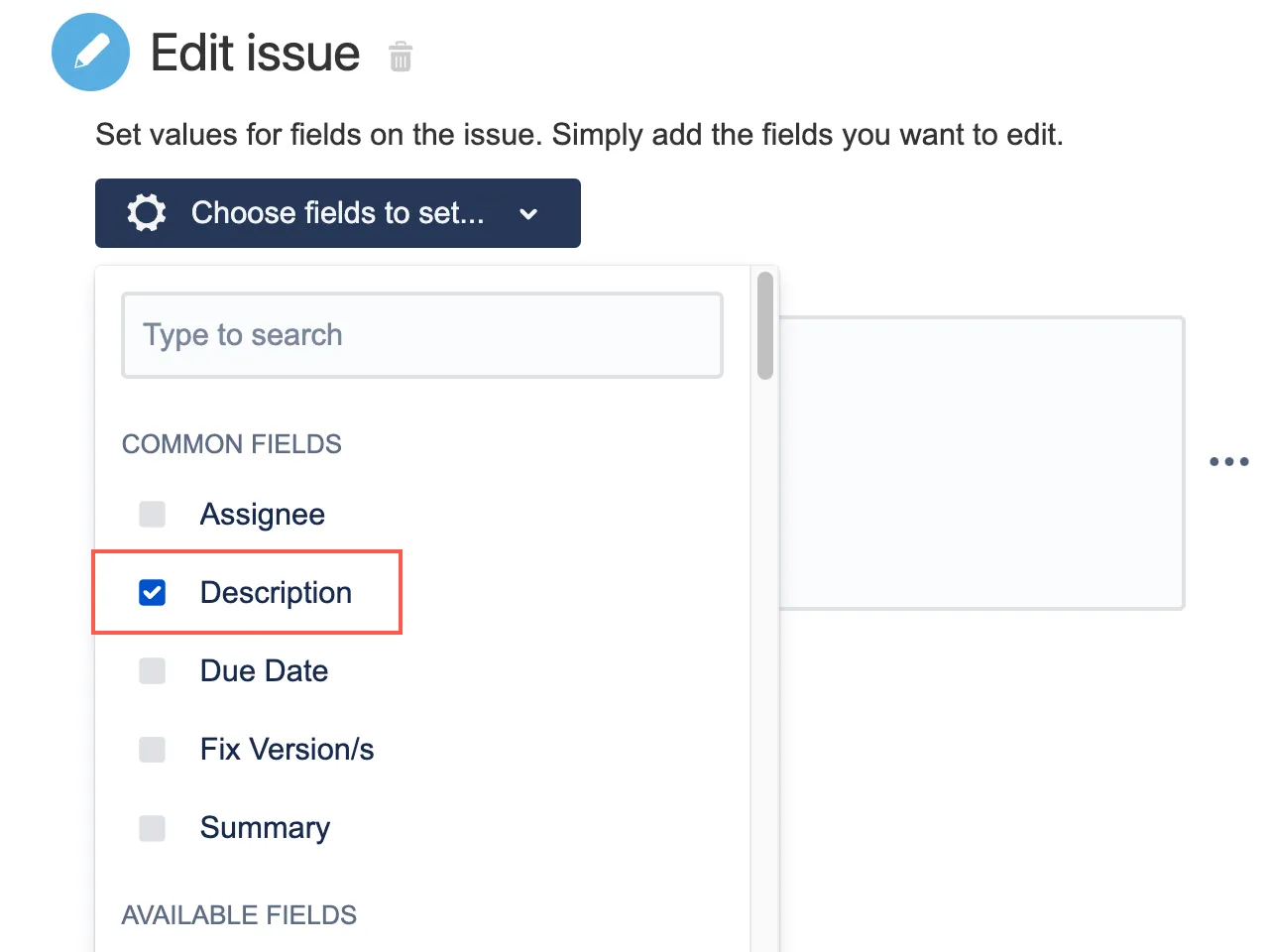 Automation for Jira Edit issue action with Description selected as the field to set
