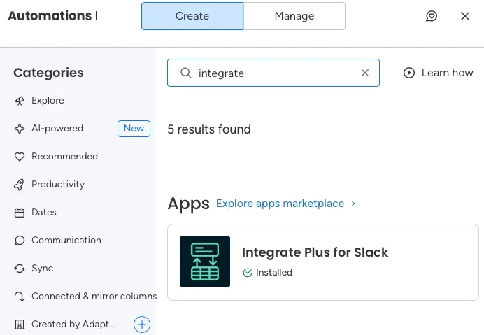 Search and selection of Integrate Plus app