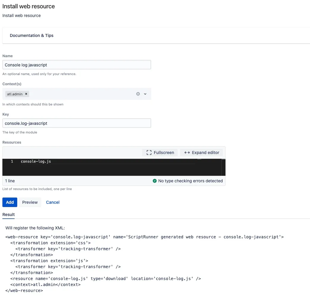 Configured Install Web Resource form