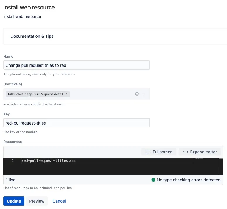 Install Web Resource form configuration