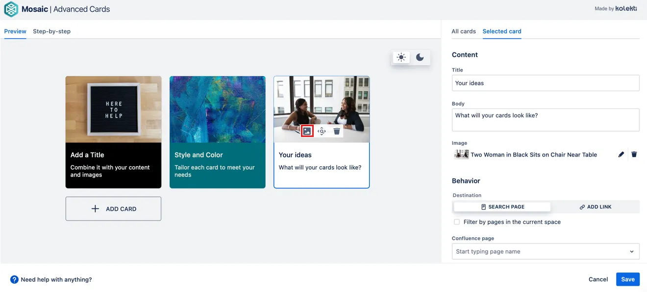 Card preview showing the image toolbar with the change image icon highlighted
