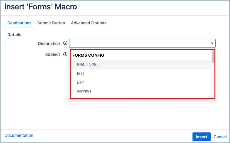 Forms macro configuration dialog showing the Destination field with multiple Form IDs selected and options to add email addresses or Confluence user names for sending responses