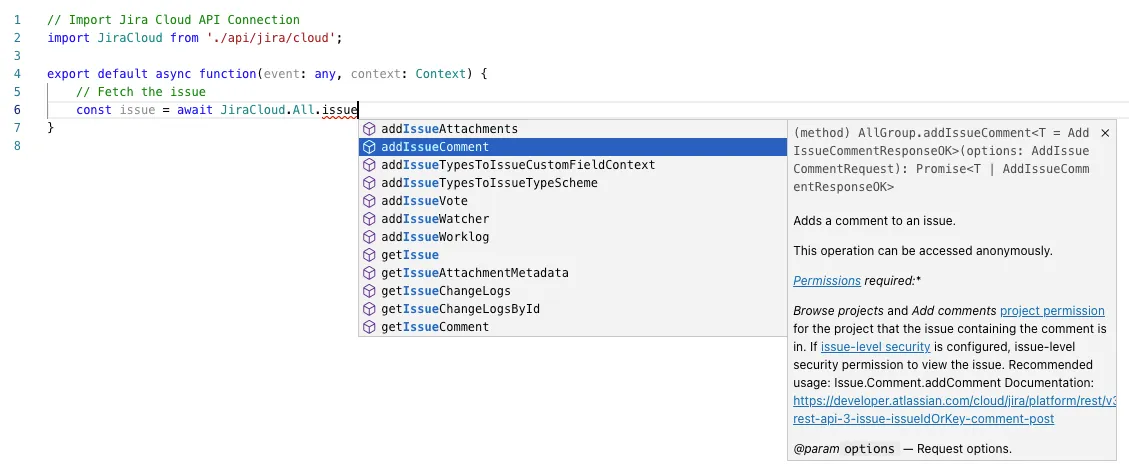Code editor showing JavaScript with comments, async function fetching a Jira issue. Autocomplete list offers methods, highlighting addIssueComment.