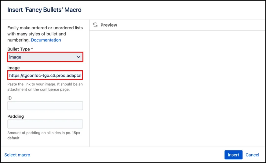 Fancy Bullets macro editor showing a custom image URL entered in the Image field