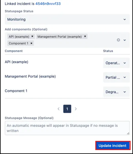 Update incident dialog in Jira with fields for incident status, impact, and communication options