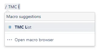 Confluence macro browser showing the TMC List macro selected for insertion on a page