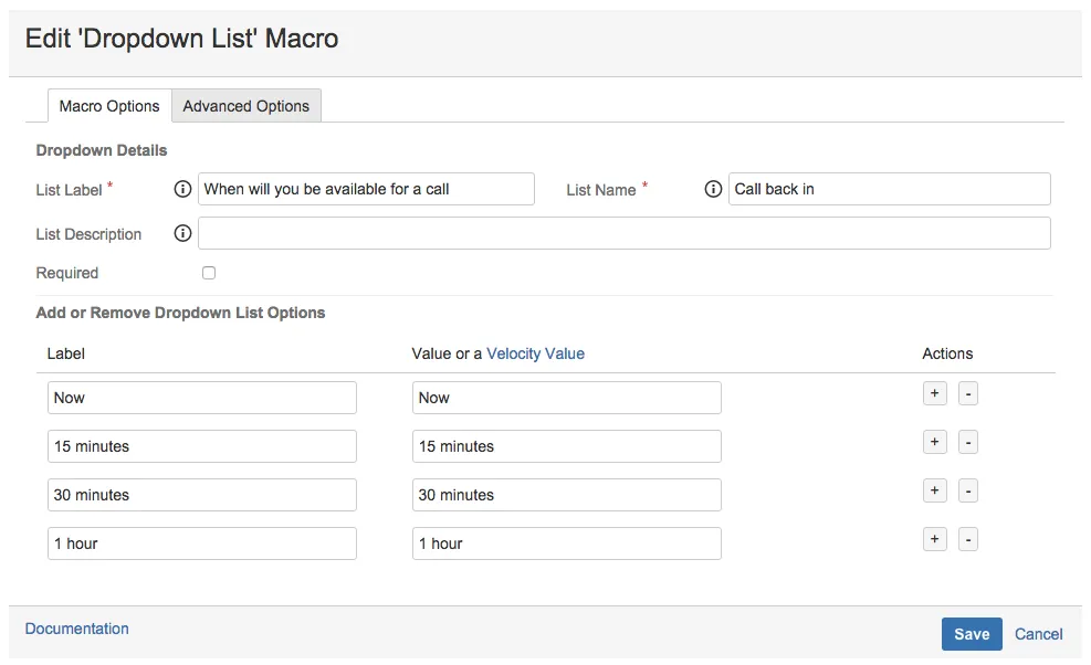 Dropdown List macro configuration showing multiple time options for users to select a preferred call-back time