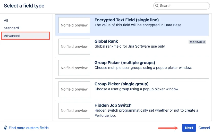 Selecting an encrypted text field type from the Advanced section of the Add Custom Field dialog in Jira