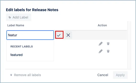 Dialog box showing a field to enter a new label and buttons to accept or cancel the label addition.