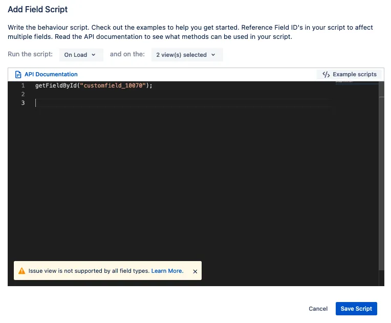 Example of a Jira Create issue screen showing the custom field ID displayed at the top of the modal.
