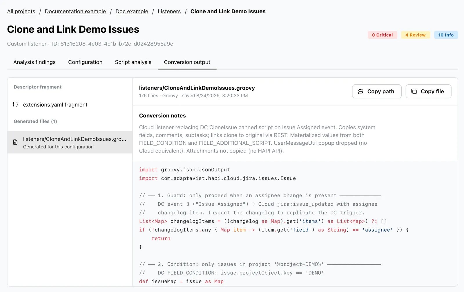 Groovy script conversion output example
