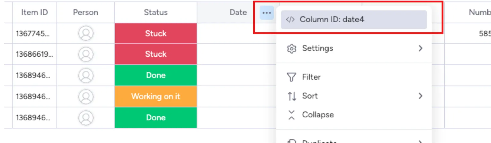 The column ID highlighted in the Monday.com interface.