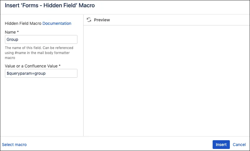 Form configuration showing a Hidden Field macro with the value set to $queryparam=group to capture the group parameter from the survey URL.
