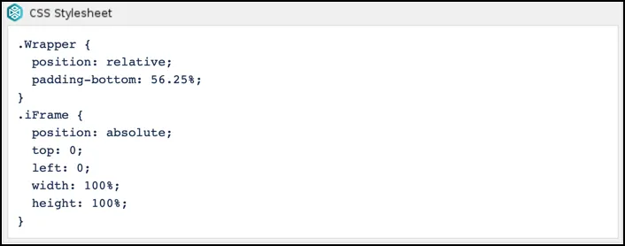 CSS Style Sheet macro editor showing responsive iFrame wrapper CSS code