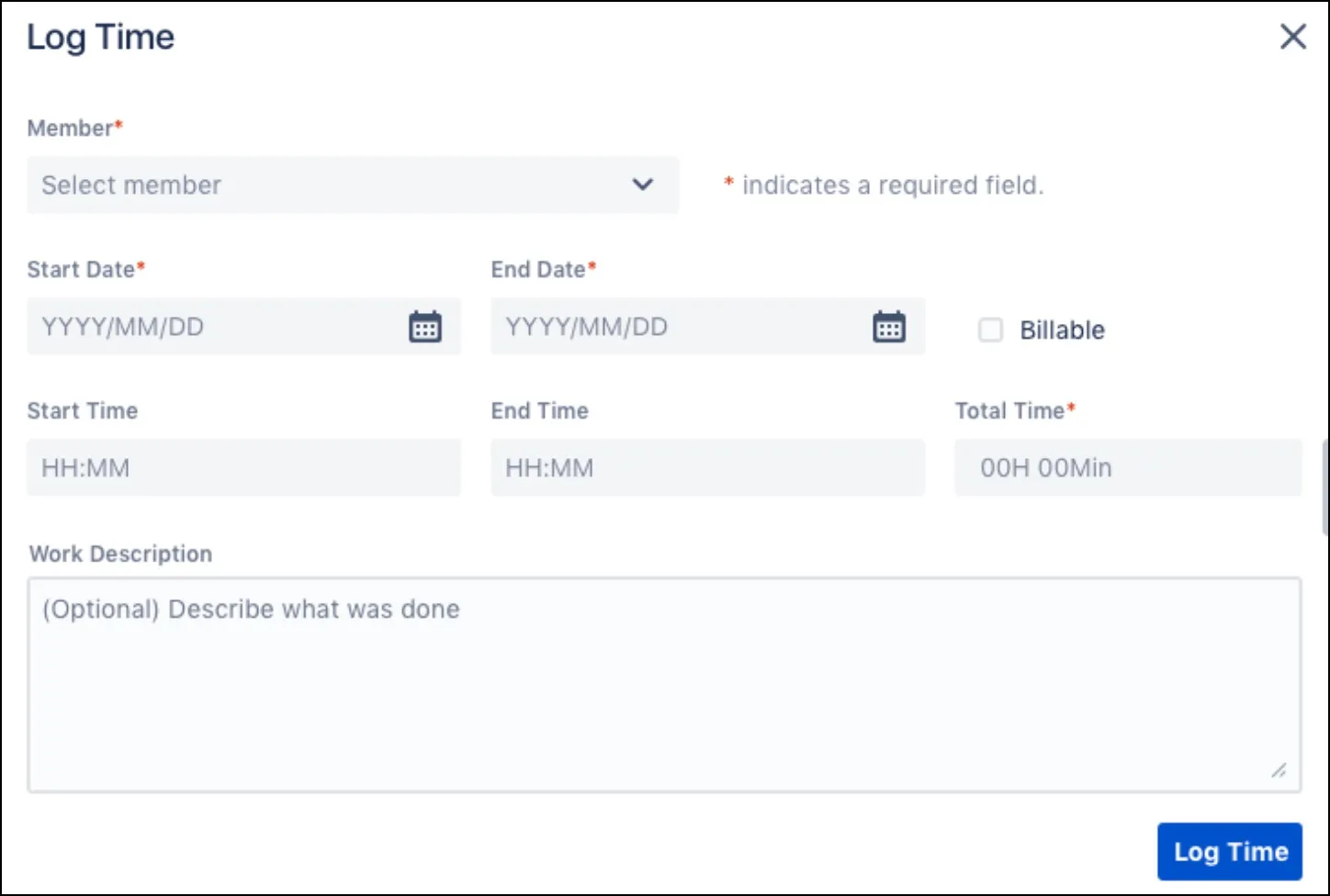 Log Time dialog showing fields for date, time spent, description, and billable option