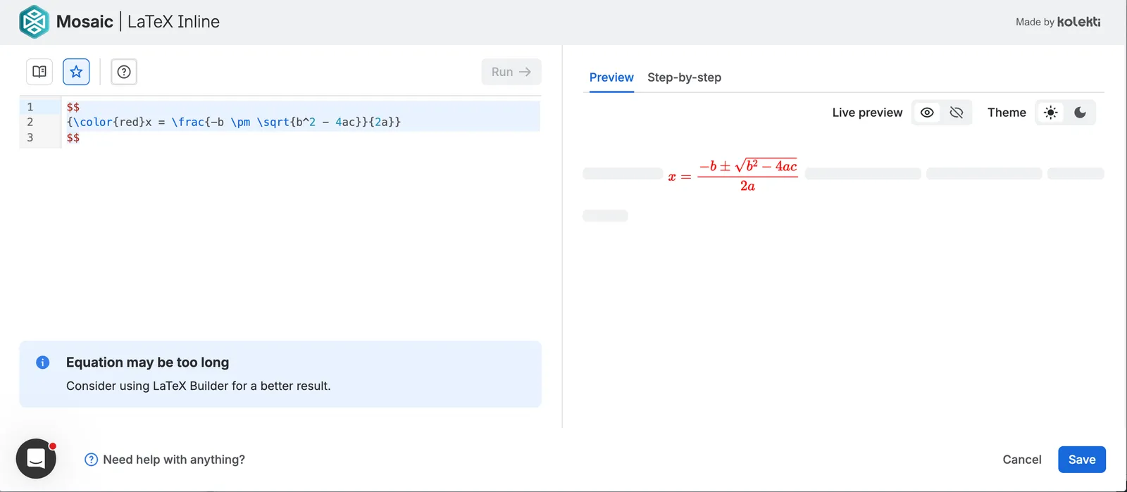 LaTex inline editor showing color formatting.