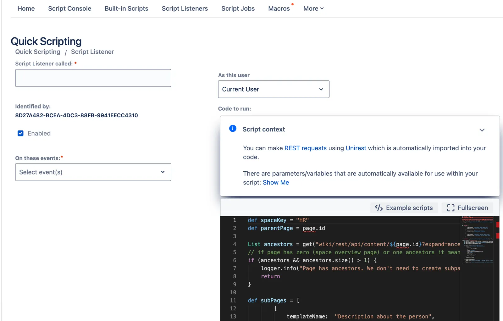 The Create a Page Hierarchy with Templates script listner opened in the Quick Scripting module