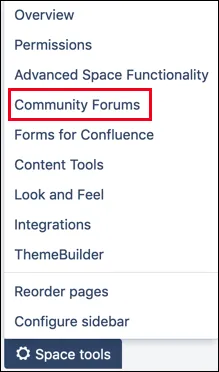 Confluence space navigation showing the Space Tools menu and the Community Forums option in the bottom left pane.