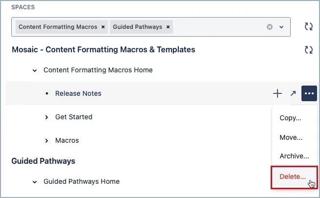Page menu open with the Delete option highlighted for removing a single page.