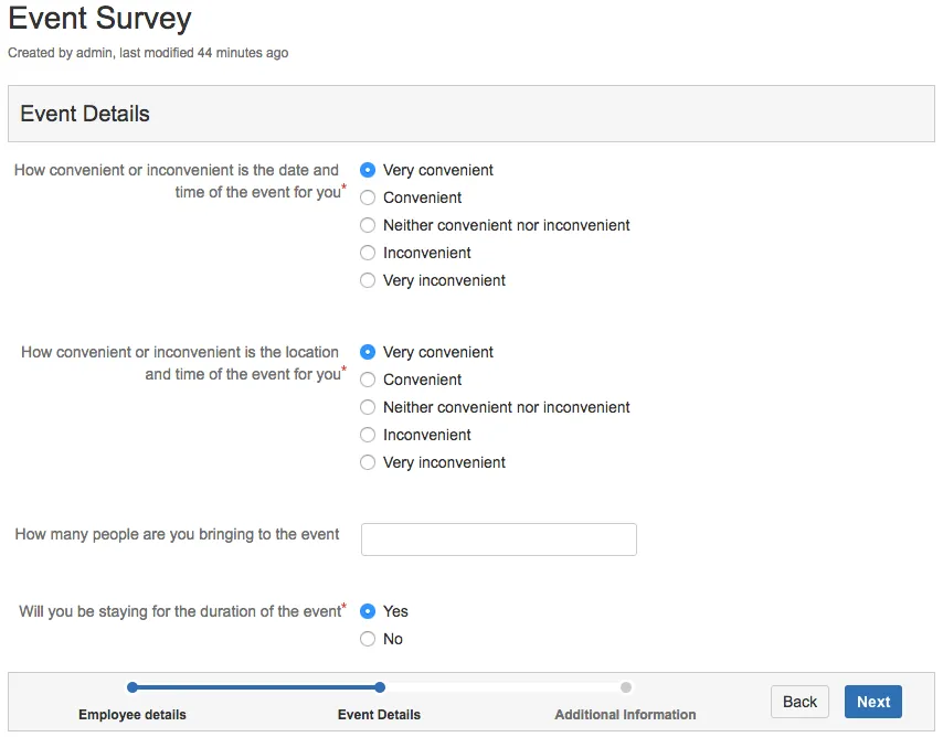 Second page of the Event Survey form in Confluence showing event details questions.