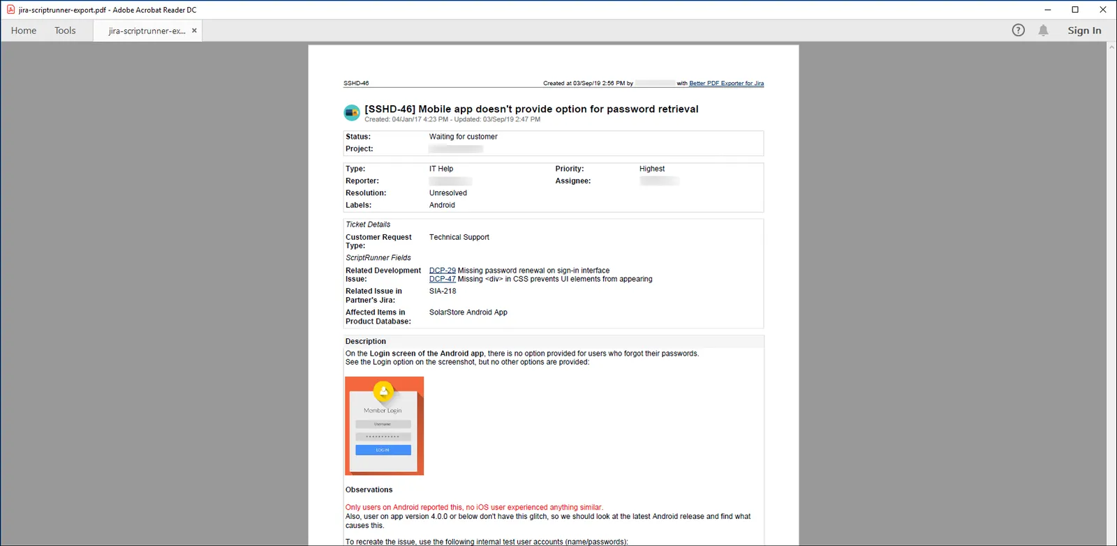 Example PDF export showing ScriptRunner Script Fields rendered correctly in a Better PDF Exporter output.