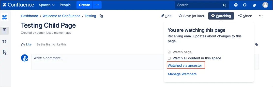 The Watched via ancestor link, highlighted in the Watching dialog.