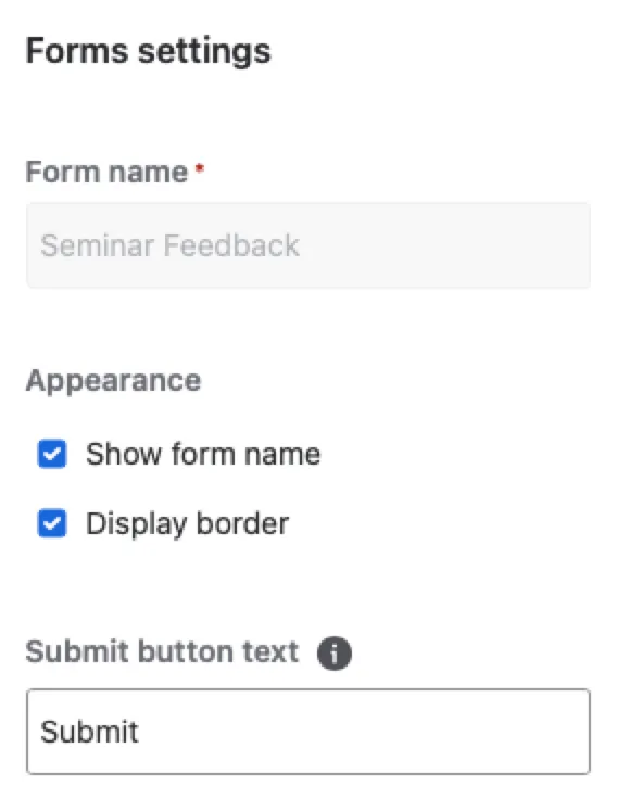 Form Builder interface showing Form settings options on the right side of the screen