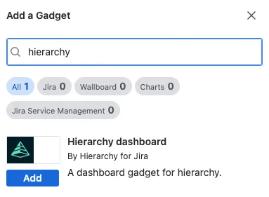 A screenshot showing the Hierarchy for Jira gadget in the Add a Gadget panel.