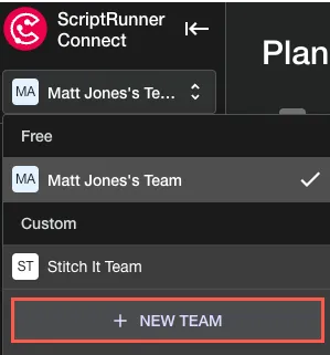 The Team Selector opened with the Add New Team option highlighted.
