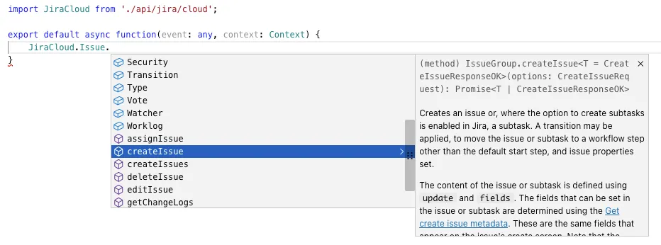 Code editor showing JavaScript import statement for JiraCloud, with a dropdown menu highlighting