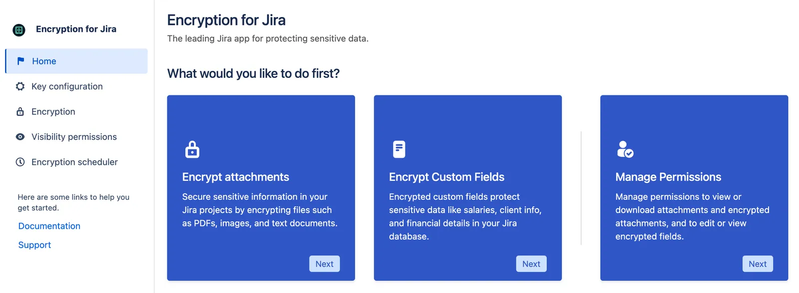 Encryption for Jira home screen showing project issues and encryption status