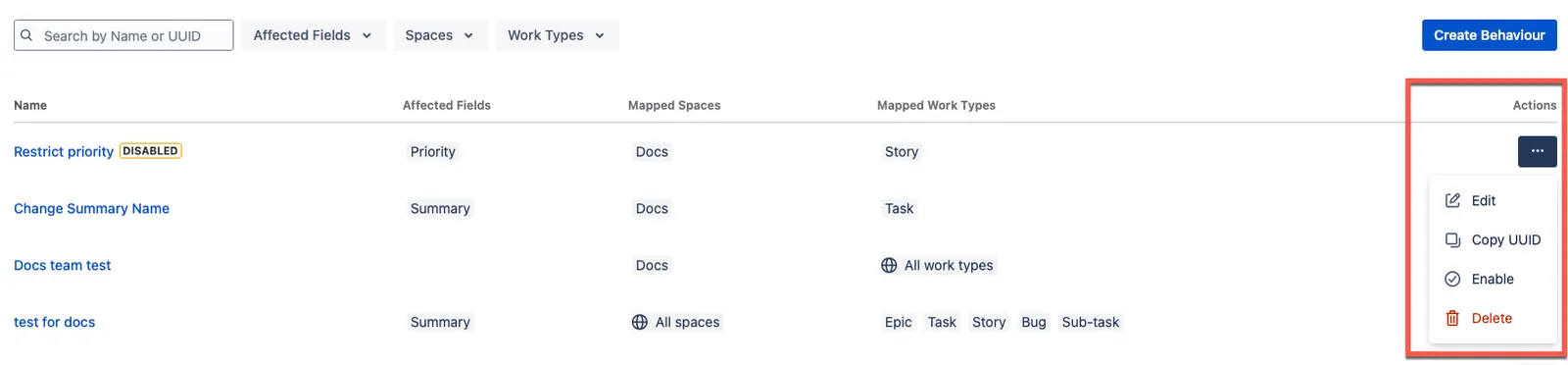 Actions ellipsis menu showing options to edit, copy UUID, disable, or delete a behaviour.