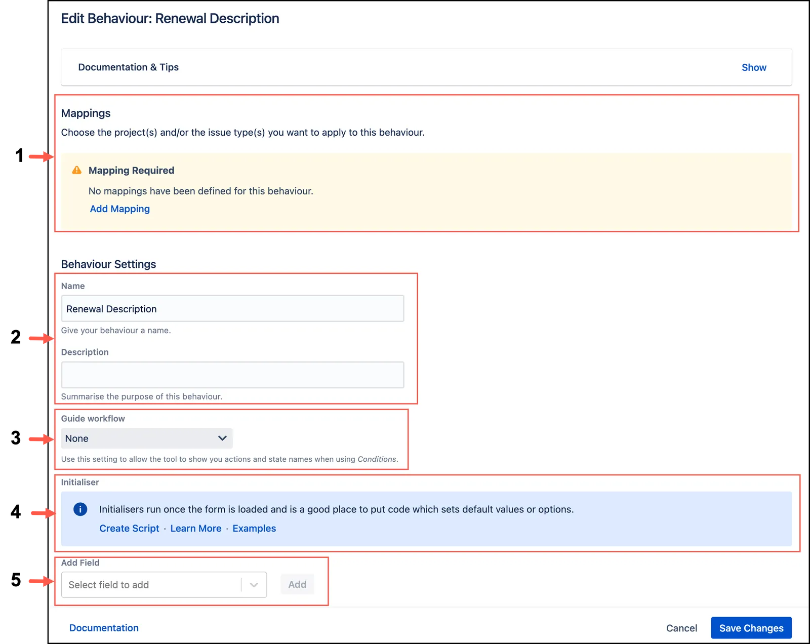 Behaviour screen showing Mappings, Behaviour Settings, Initialiser, and Fields sections
