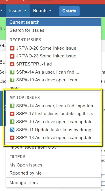 Jira dashboard gadget showing the top five issues assigned to the current user in active sprints