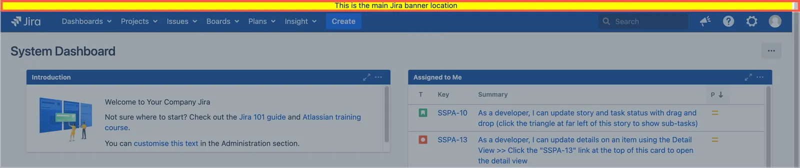 Screenshot of the Jira main interface highlighting the top banner panel location used for the jira-banner.