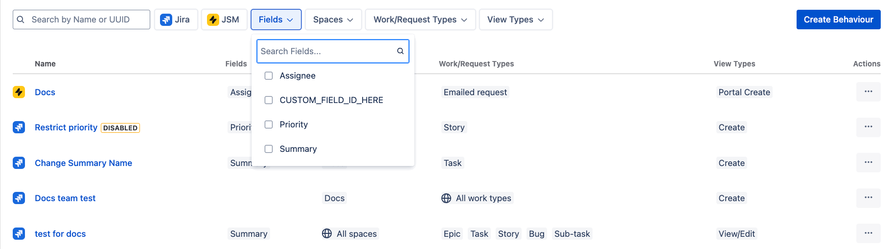 Example list of existing behaviours in ScriptRunner for Jira Cloud