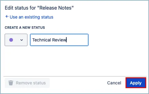 Dialog for creating a new status, showing color selection, status name field, and the Apply button.