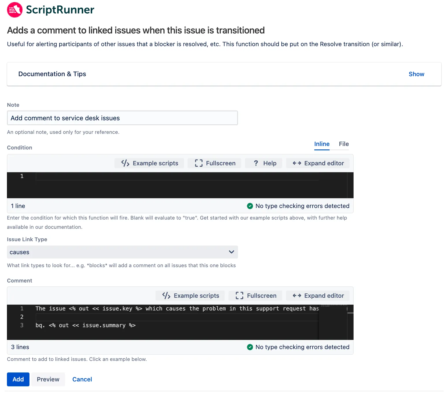 Add comment to blocked issue post-function configuration in the bug workflow