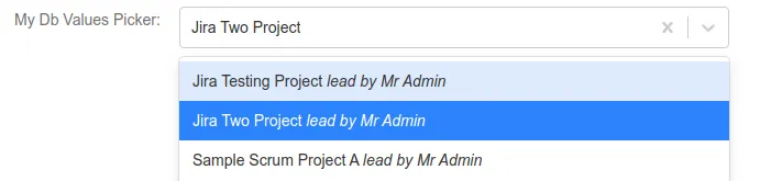 Customized project picker drop-down showing project name with the project lead indicated as “lead by <name>”