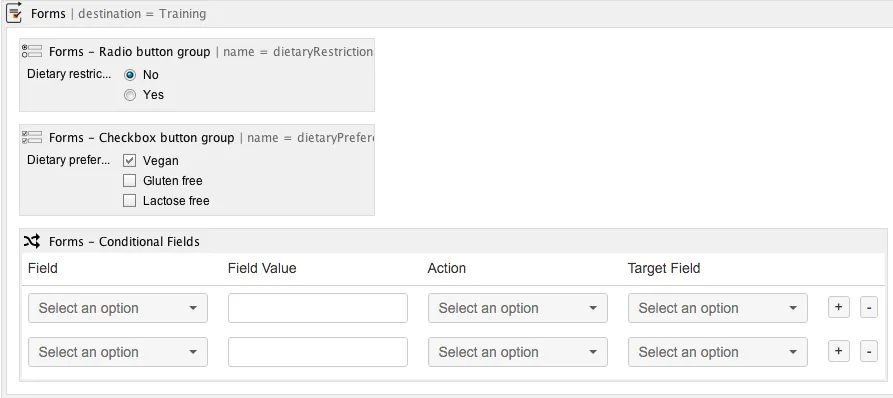 Conditional Fields configuration showing a rule that hides the Preferences target field when the Restrictions field value is No