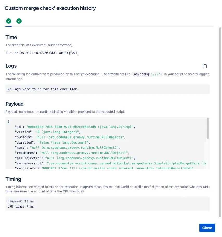 Execution History window showing detailed execution data