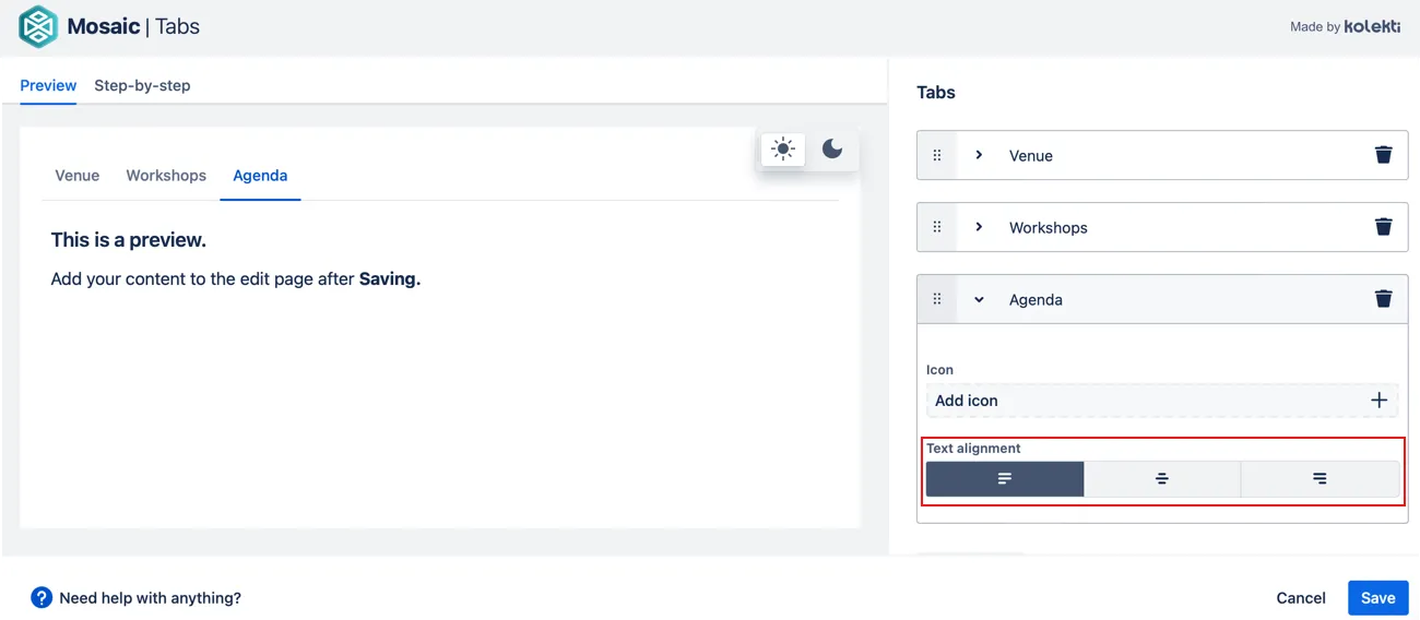 Tab editor showing alignment buttons for left, center, and right text alignment within a tab.