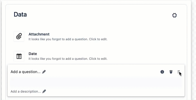 Animated example showing questions being reordered in the Form Builder by clicking, holding, and dragging each question