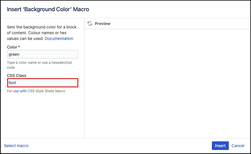 CSS Class field showing the value "font" entered for the Background Color macro