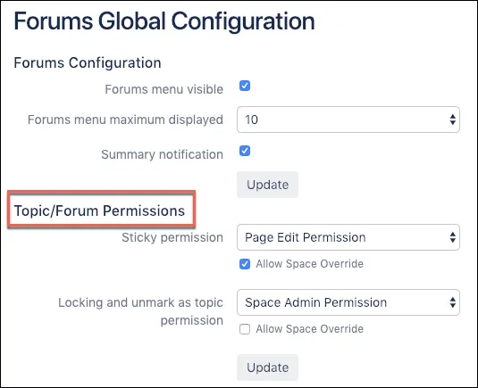Global forum permissions configuration screen in Confluence showing options to manage topic and forum access at the instance level.