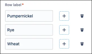 Form editor showing the Checkbox Matrix with three row options labeled Pumpernickel, Rye, and Wheat